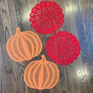 Pumpkin and Red Scalloped Fabric Doilies Set of 4